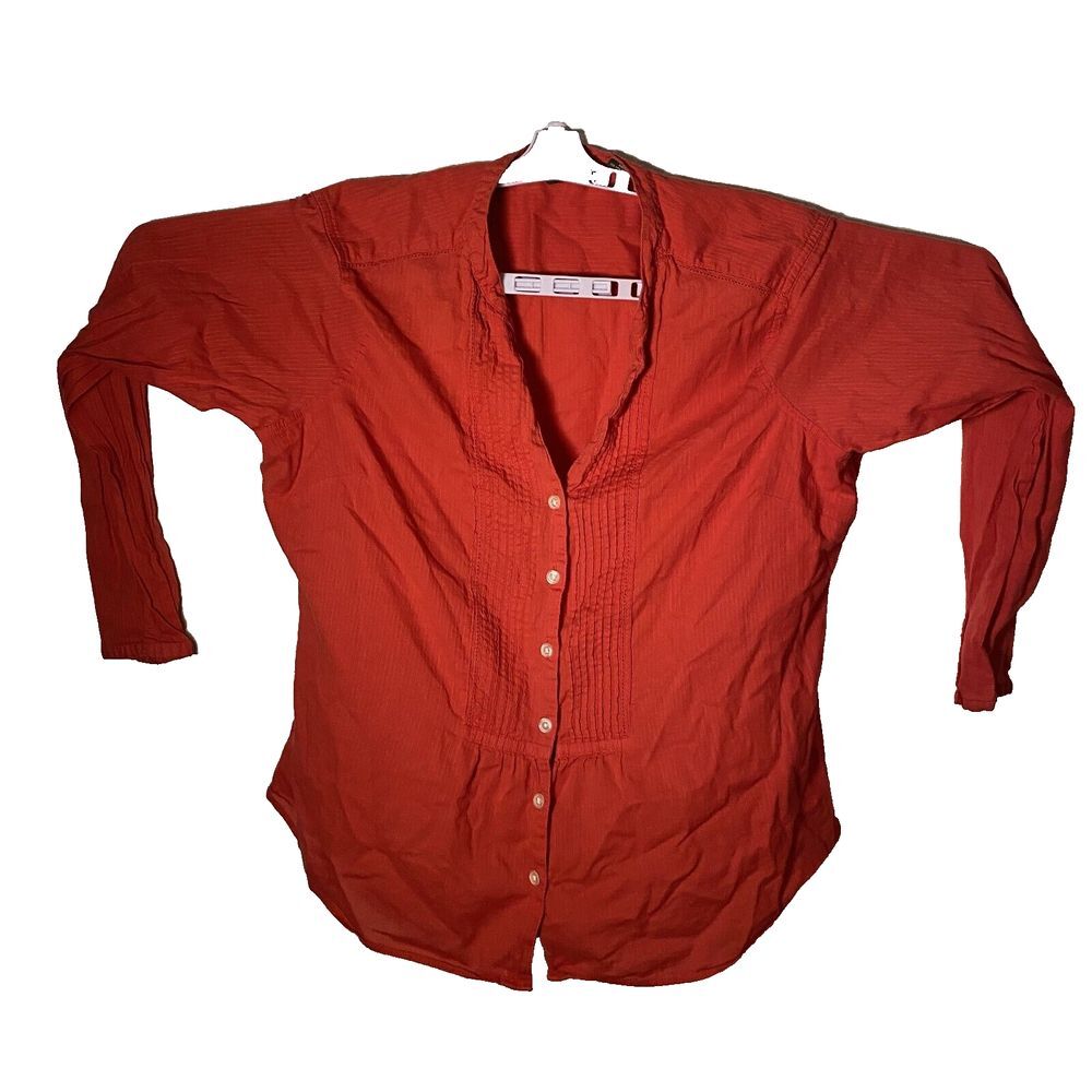 Eddie Bauer Shirt Womens Large Red 100% Cotton Long Sleeve Plunge Neck Button-Up